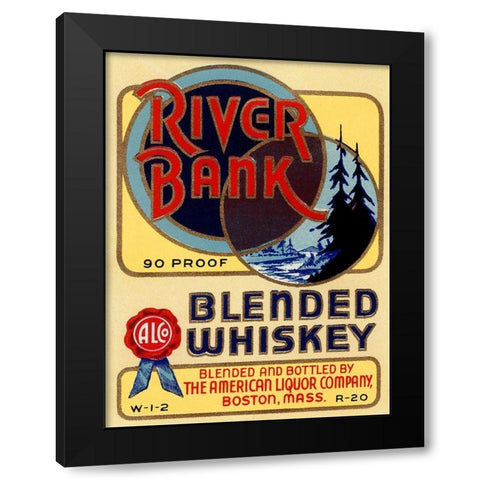 River Bank Blended Whiskey Black Modern Wood Framed Art Print by Vintage Booze Labels