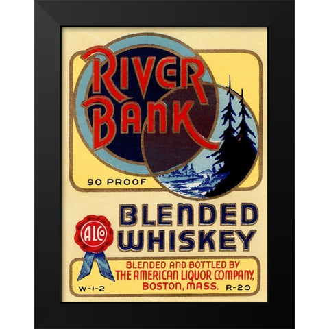 River Bank Blended Whiskey Black Modern Wood Framed Art Print by Vintage Booze Labels