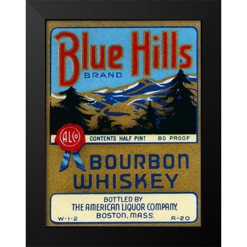 Blue Hills Bourbon Whiskey Black Modern Wood Framed Art Print by Vintage Booze Labels