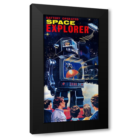 Space Explorer Robot Black Modern Wood Framed Art Print with Double Matting by Retrobot