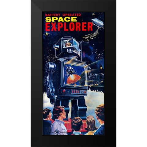 Space Explorer Robot Black Modern Wood Framed Art Print by Retrobot