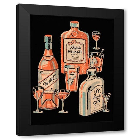 Whiskey, Wine and Gin Black Modern Wood Framed Art Print with Double Matting by Vintage Booze Labels