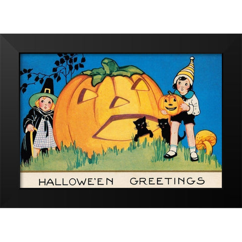 Halloween Greetings Black Modern Wood Framed Art Print by Halloween