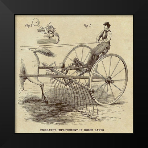 Stoddards Improvement in Horse Rakes Black Modern Wood Framed Art Print by Inventions