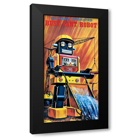 Busy Cart Robot Black Modern Wood Framed Art Print by Retrobot