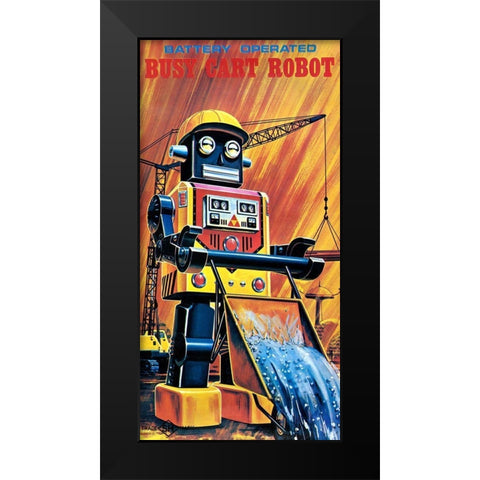 Busy Cart Robot Black Modern Wood Framed Art Print by Retrobot