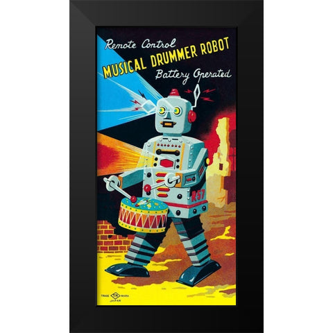 Musical Drummer Robot Black Modern Wood Framed Art Print by Retrobot