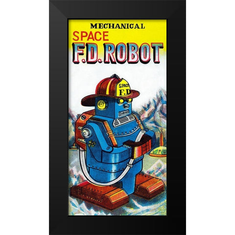 Mechanical Space Fire Department Robot Black Modern Wood Framed Art Print by Retrobot