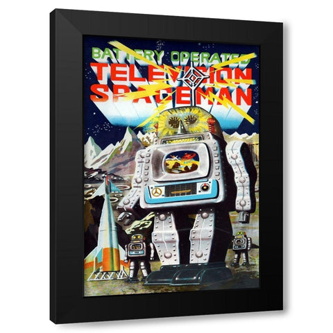 Battery Operated Television Spaceman Black Modern Wood Framed Art Print with Double Matting by Retrobot