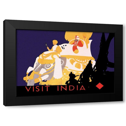 Visit India Black Modern Wood Framed Art Print by Vintage Elephant