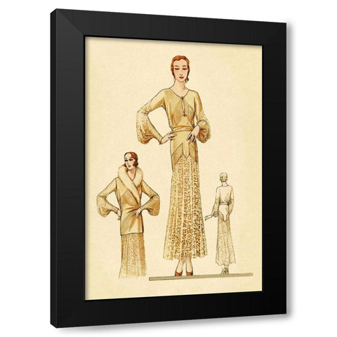 Winter Dress and Overcoat in Yellow Black Modern Wood Framed Art Print with Double Matting by Vintage Fashion