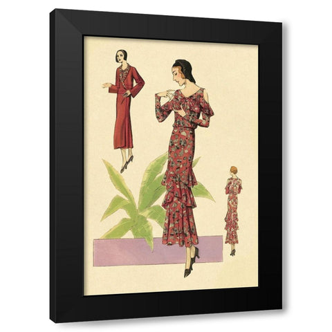 Party Dress with Ruffles and Flowers Black Modern Wood Framed Art Print by Vintage Fashion