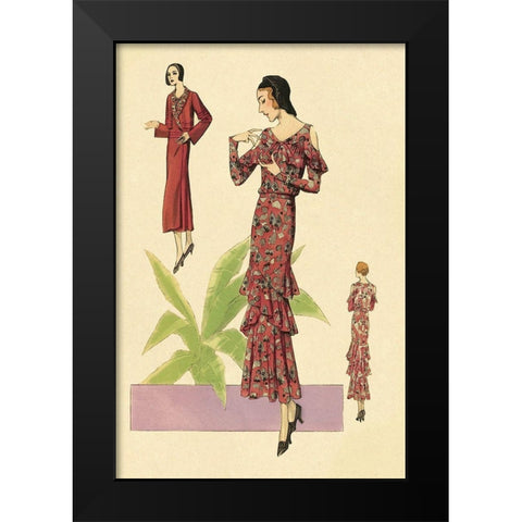 Party Dress with Ruffles and Flowers Black Modern Wood Framed Art Print by Vintage Fashion