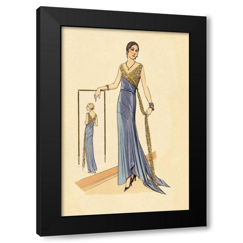 Evening Gown in Blue and Gold Black Modern Wood Framed Art Print with Double Matting by Vintage Fashion