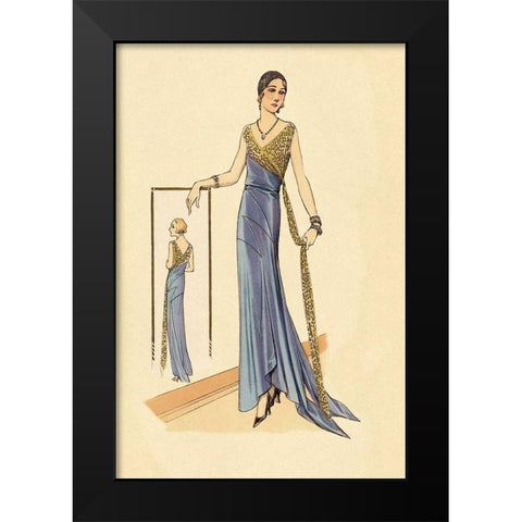 Evening Gown in Blue and Gold Black Modern Wood Framed Art Print by Vintage Fashion