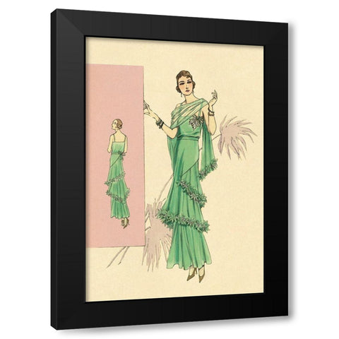 Playful Green Evening Gown Black Modern Wood Framed Art Print with Double Matting by Vintage Fashion