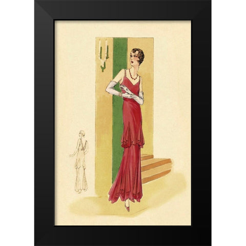 Scarlet Evening Gown Black Modern Wood Framed Art Print by Vintage Fashion