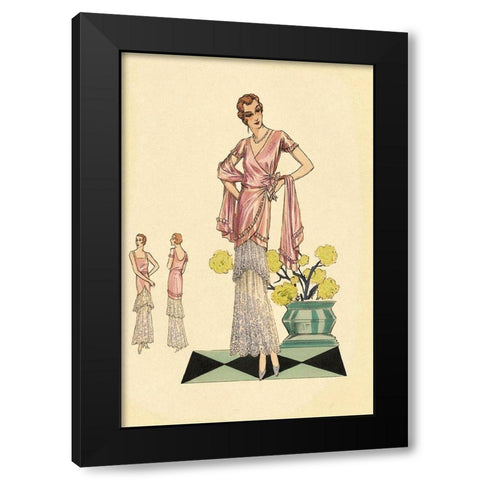 Party Dress in Pink and Blue Black Modern Wood Framed Art Print with Double Matting by Vintage Fashion