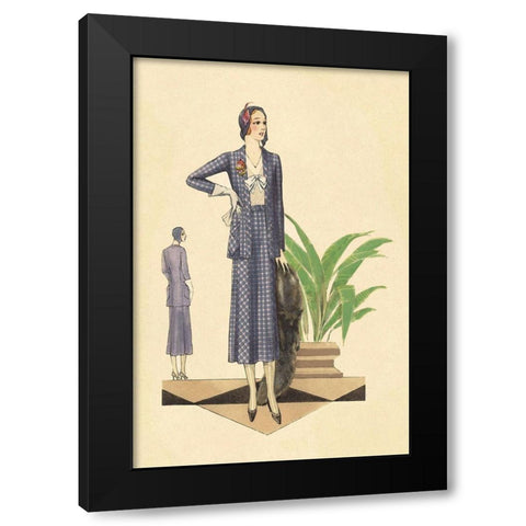 Blue Checkered Suit with Stole and Gloves Black Modern Wood Framed Art Print by Vintage Fashion