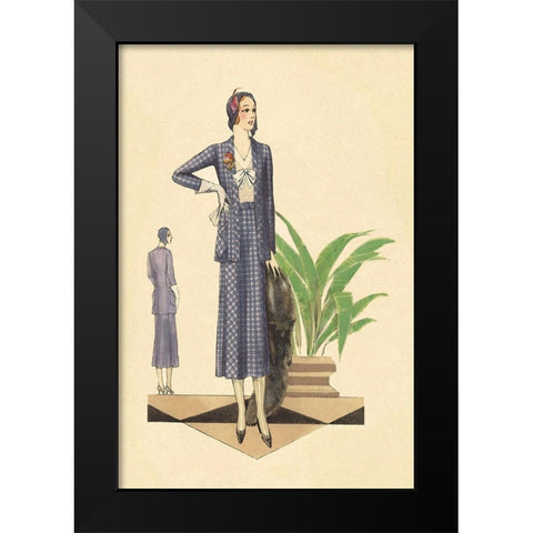 Blue Checkered Suit with Stole and Gloves Black Modern Wood Framed Art Print by Vintage Fashion