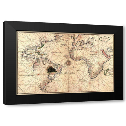 Portolan World Map Black Modern Wood Framed Art Print with Double Matting by Oliva, Joan