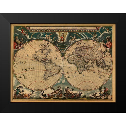 New and Accurate Map of the World Black Modern Wood Framed Art Print by Blaeu, Johannes