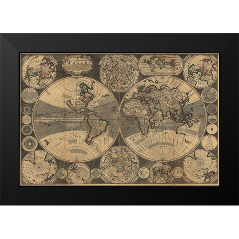 World Map with Planets Black Modern Wood Framed Art Print by Godson, W.