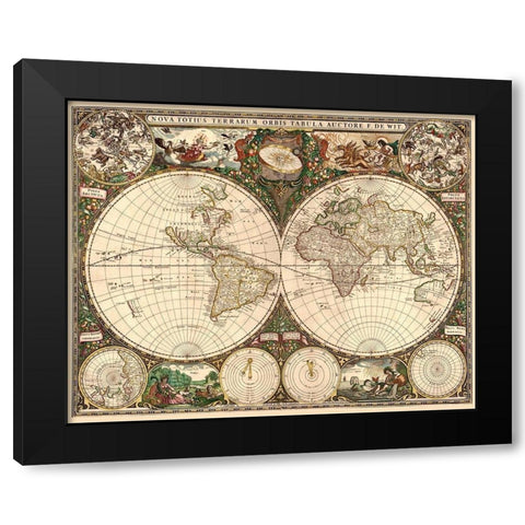 World Map Black Modern Wood Framed Art Print with Double Matting by De Wit, Frederick