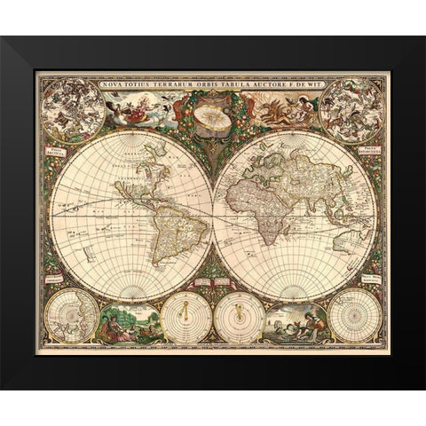 World Map Black Modern Wood Framed Art Print by De Wit, Frederick