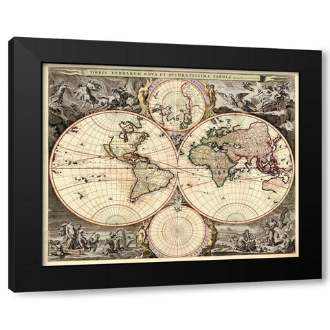 World Map Black Modern Wood Framed Art Print with Double Matting by Visscher, Nicolao
