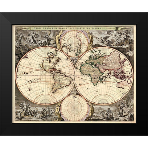 World Map Black Modern Wood Framed Art Print by Visscher, Nicolao