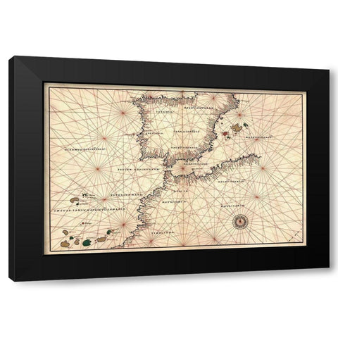 Portolan or Navigational Map of the Spain, Gibraltar and North Africa Black Modern Wood Framed Art Print with Double Matting by Agnese, Battista