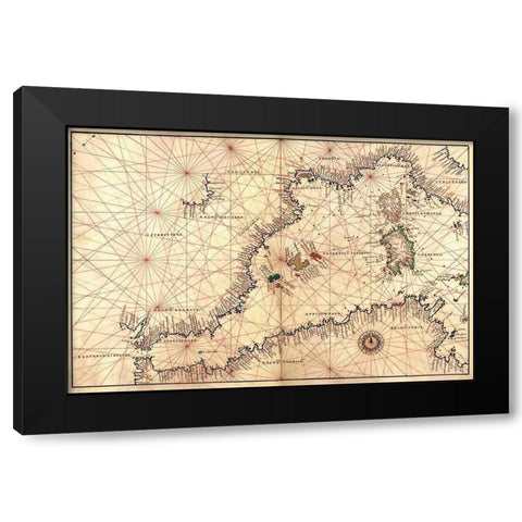 Portolan or Navigational Map of the Western Mediterranean from Gibraltar to Piedmont and Sardinia Black Modern Wood Framed Art Print by Agnese, Battista