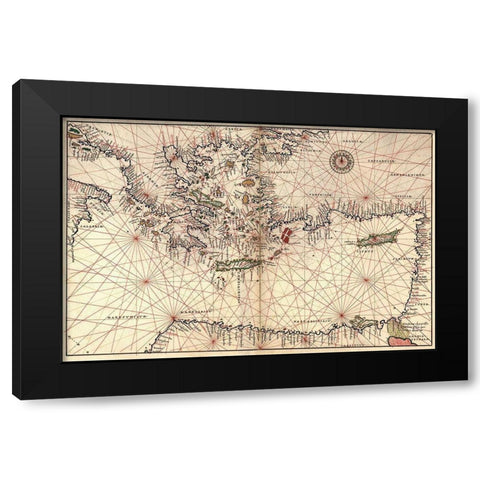 Portolan or Navigational Map of Greece, the Mediterranean and the Levant Black Modern Wood Framed Art Print by Agnese, Battista