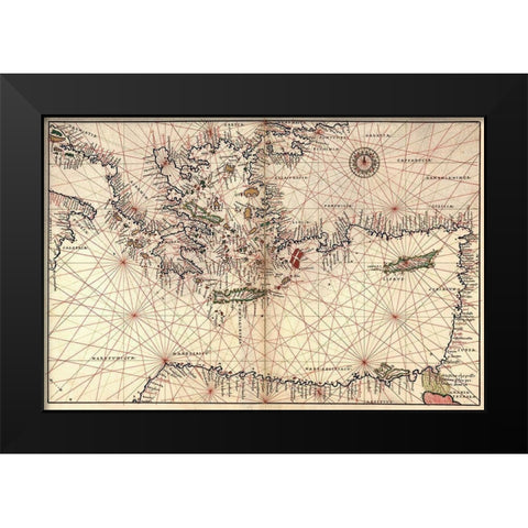 Portolan or Navigational Map of Greece, the Mediterranean and the Levant Black Modern Wood Framed Art Print by Agnese, Battista