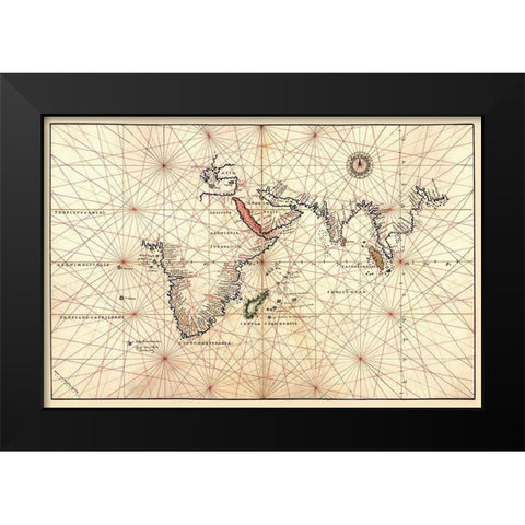 Portolan Map of Africa, the Indian Ocean and the Indian Subcontinent Black Modern Wood Framed Art Print by Agnese, Battista