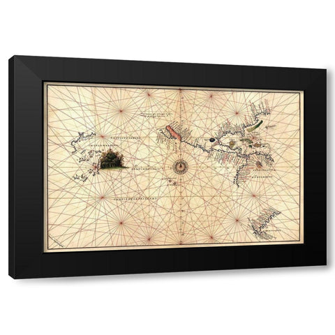 Portolan Map of the Western Hemisphere showing what will become the United States, Panama and a port Black Modern Wood Framed Art Print with Double Matting by Agnese, Battista