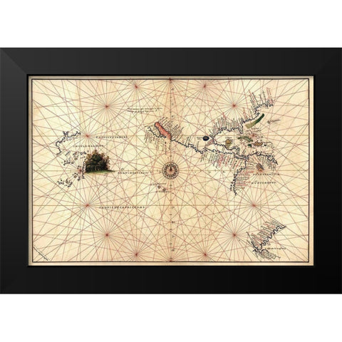 Portolan Map of the Western Hemisphere showing what will become the United States, Panama and a port Black Modern Wood Framed Art Print by Agnese, Battista