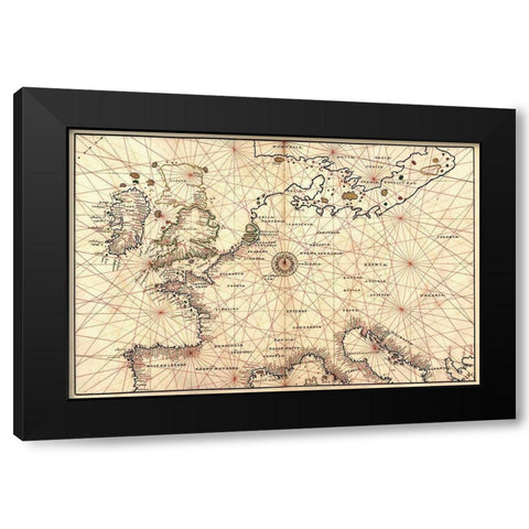Portolan Map of Spain, England, France, Germany, The British Isles Black Modern Wood Framed Art Print with Double Matting by Agnese, Battista