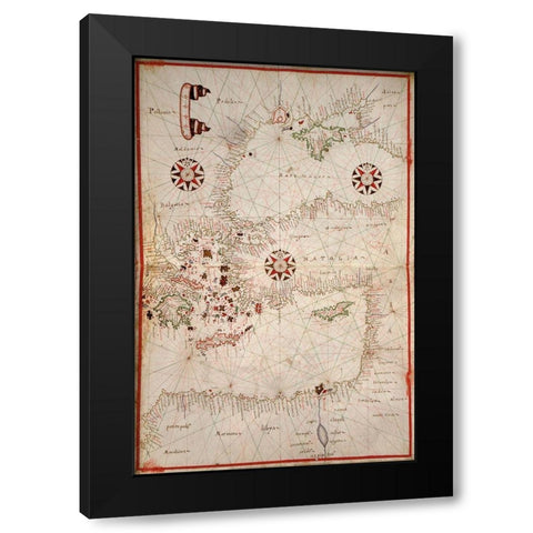 Portolan Map of Turkey, Mediterranean, Adriatic and the Agean Black Modern Wood Framed Art Print with Double Matting by Oliva, Joan