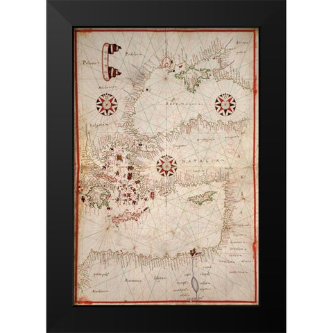 Portolan Map of Turkey, Mediterranean, Adriatic and the Agean Black Modern Wood Framed Art Print by Oliva, Joan