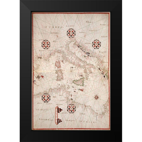 Portolan atlas of the Mediterranean Sea, western Europe, and the northwest coast of Africa - Central Black Modern Wood Framed Art Print by Oliva, Joan