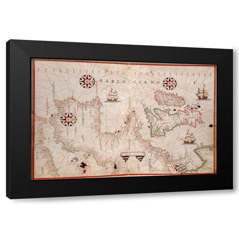 Portolan Map of Spain, England, Ireland and France Black Modern Wood Framed Art Print with Double Matting by Oliva, Joan