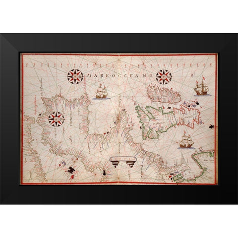 Portolan Map of Spain, England, Ireland and France Black Modern Wood Framed Art Print by Oliva, Joan