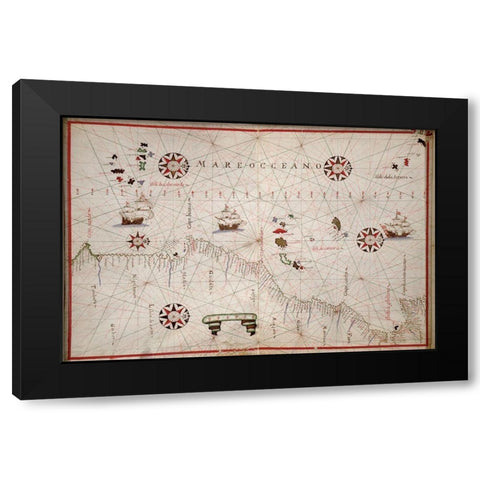 Portolan map of the African Coast Black Modern Wood Framed Art Print with Double Matting by Oliva, Joan