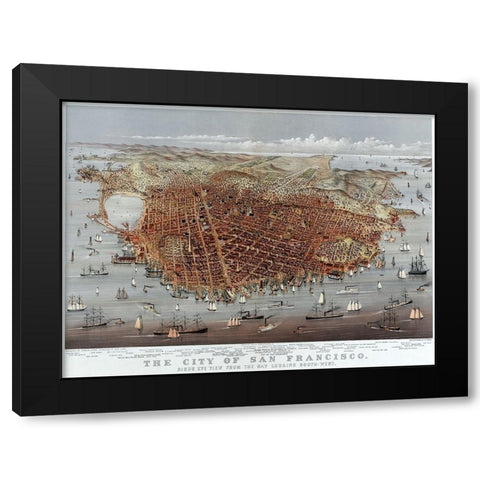 The City of San Francisco; Birds Eye View from the Bay Looking South-West Black Modern Wood Framed Art Print by Currier and Ives