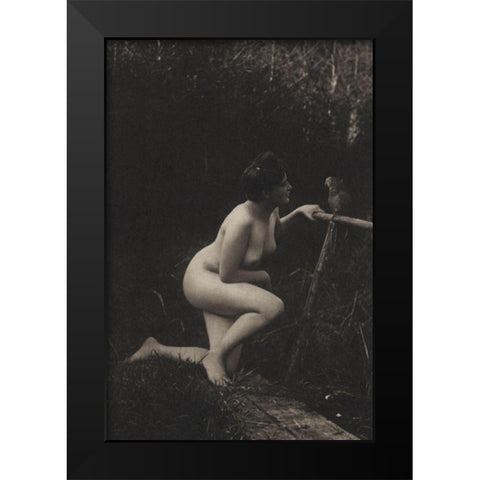 Gossiping with a Parrot Black Modern Wood Framed Art Print by Vintage Nudes