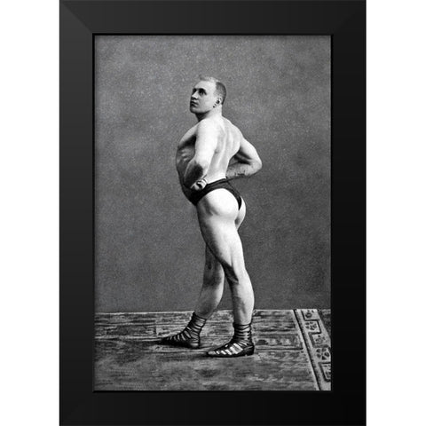 Bodybuilders Back and Left Profile Black Modern Wood Framed Art Print by Vintage Muscle Men