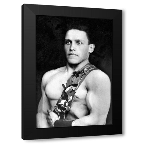 Russian Wrestler with Medals Black Modern Wood Framed Art Print by Vintage Wrestler