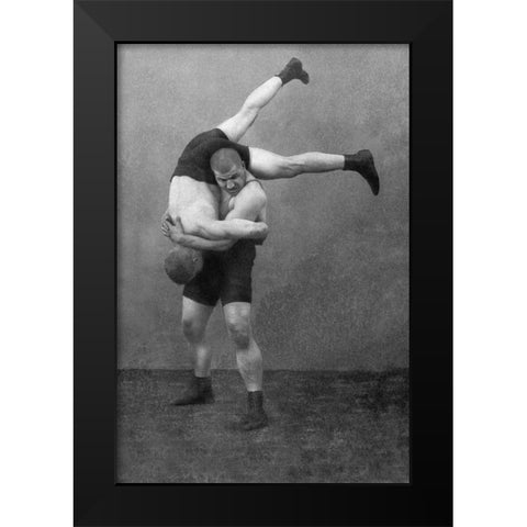 Ready to Drop: Russian Wrestlers Black Modern Wood Framed Art Print by Vintage Wrestler